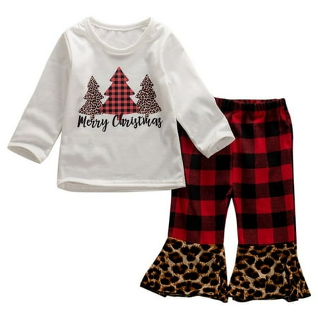 Merry Christmas Girl Toddler Kids Baby Girl Christmas Outfit Merry Christmas T-Shirt Tops Plaid Flare Pants Clothes Set 2Pcs ()