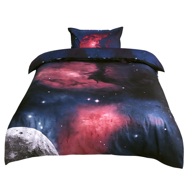 Unique Bargains Housse de Couette Imprimée Galaxie 3D Ensemble de Literie en Polyester Simple, Fuchsia