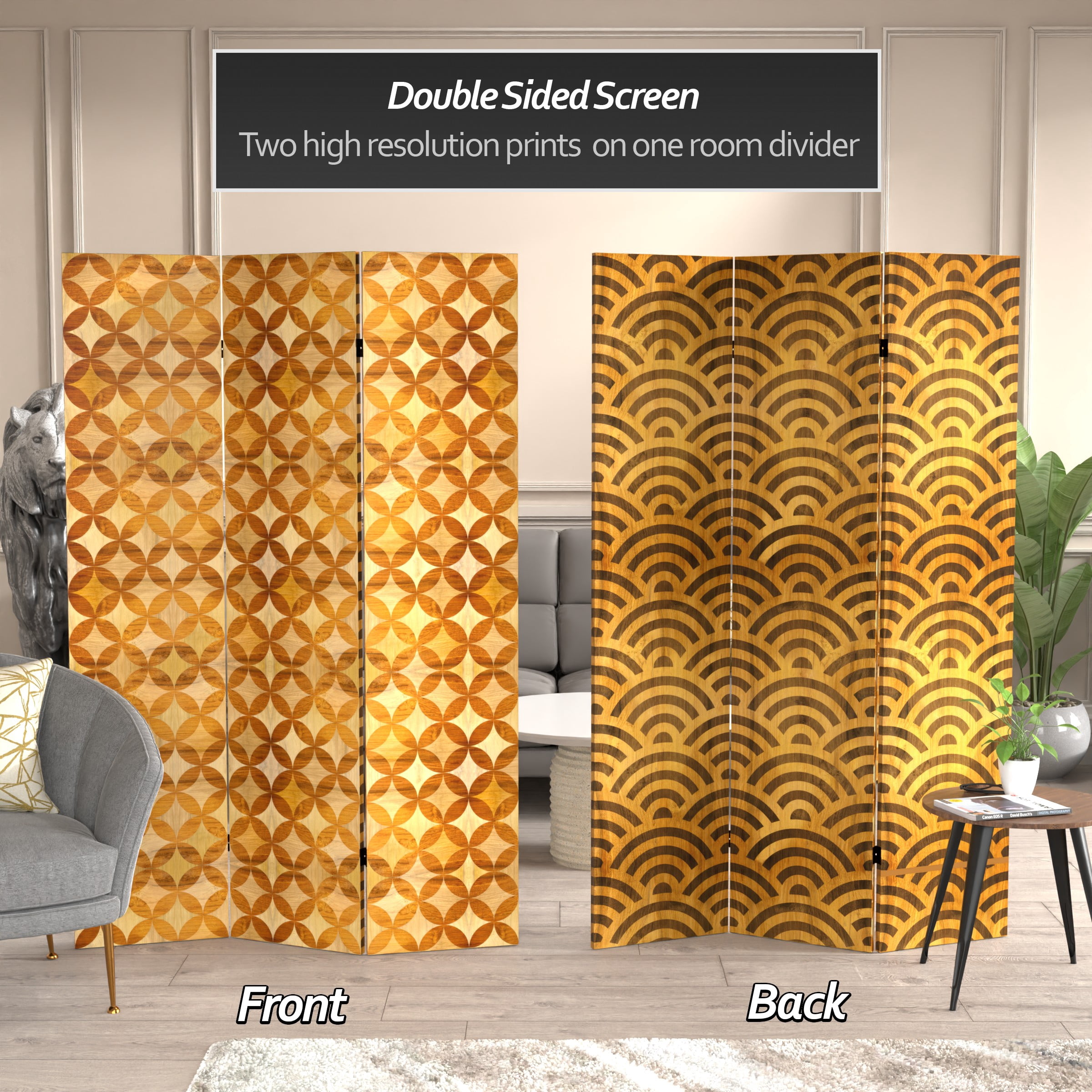 Oriental Furniture 6 ft. Tall Double Sided Japanese Wood Pattern Canvas Room Divider