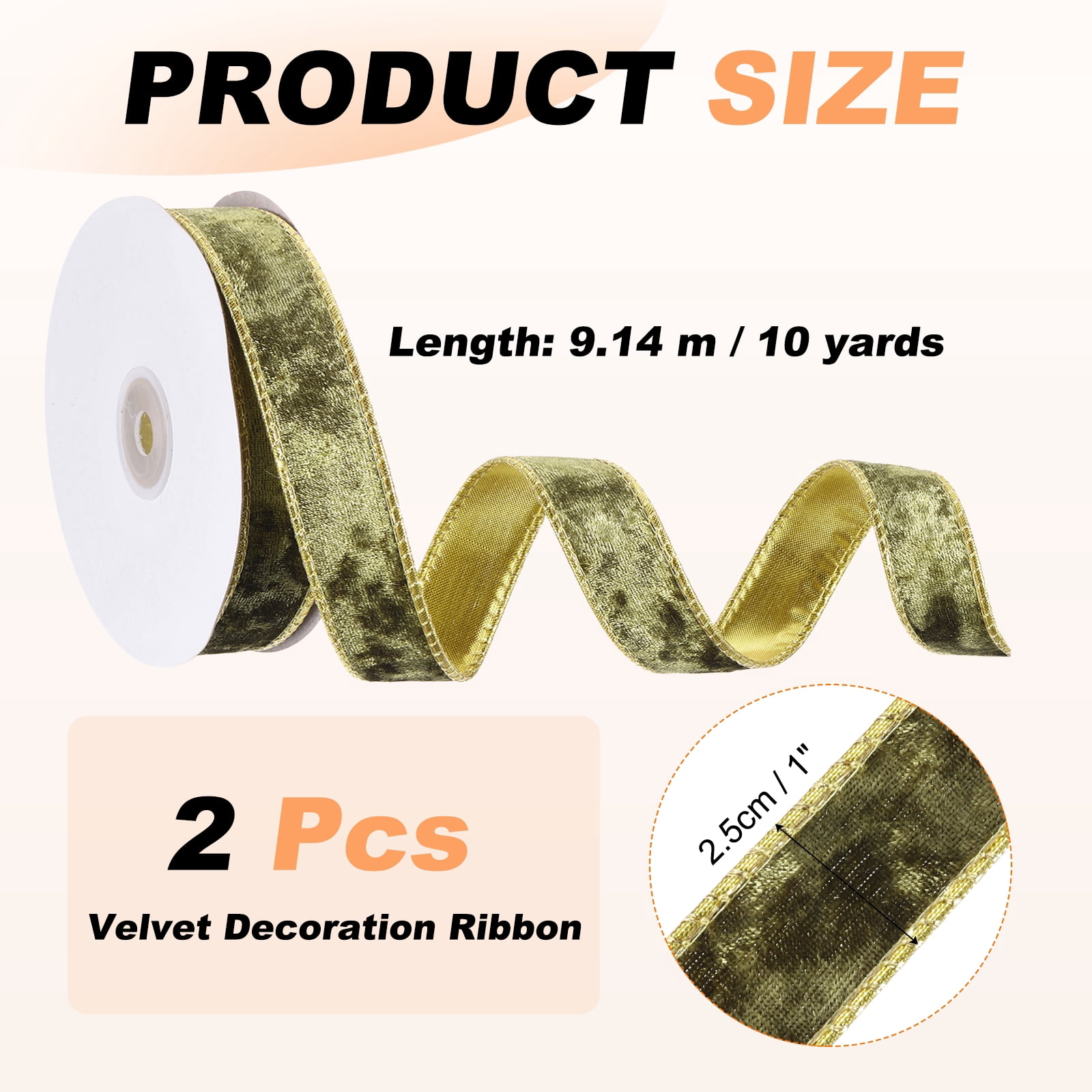 Uxcell Velvet Wired Ribbon, (1 Inch x 10 Yards, 2 Pcs)(Light Green) Velvety Gold Crushed Ribbons Gift Wrapping Binding, Suit For- Crafts/Bow/Wreaths/Christmas Tree Decoration