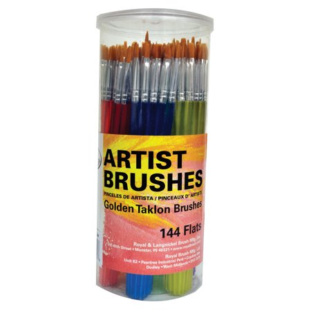 Gold Flat Handle - Royal Brush Flat Synthetic Golden Taklon Hair Polymer Handle Classroom Value Brush Set, Assorted Size, Set of 144