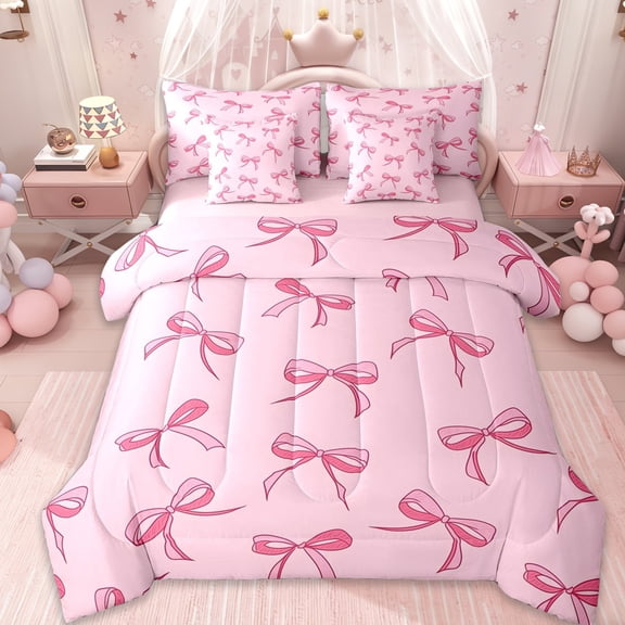 Erosebridal Cute Pink Bowknot Kids 7-Piece Twin Bedding Sets,Kawaii Coquette Bowtie Bedding Comforter Set For Girls,Pink Reversible