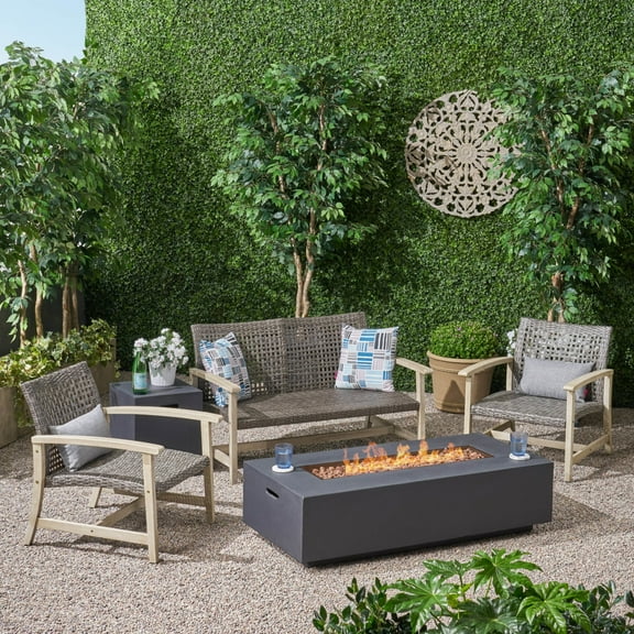 GDF Studio Allison Outdoor 5 Piece Wood and Wicker Chat Set with Fire Pit, Mixed Black and Dark Gray