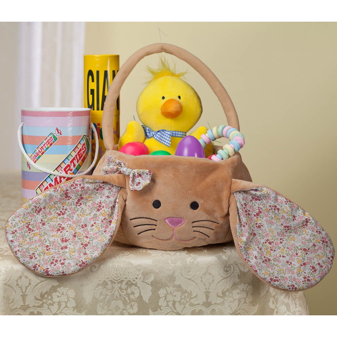 Kids Easter Basket, Plush Brown Bunny with Floppy Floral Ears
