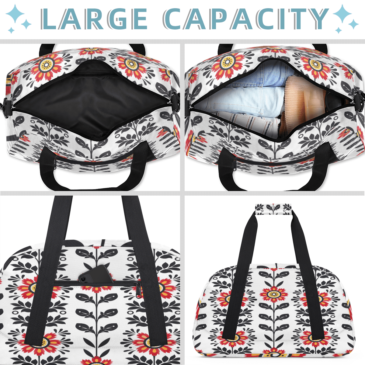 Herdesigns Flower Sports Duffle Bag for Women & Men, Vintage Retro Floral Plant Gym Bag Dance Bag Overnight Bag Carry On Weekender Travel Bag