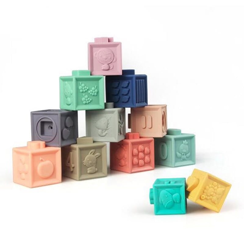 12pcs Baby Grab Toy Soft Rubber Embossed Blocks 3D Building Blocks