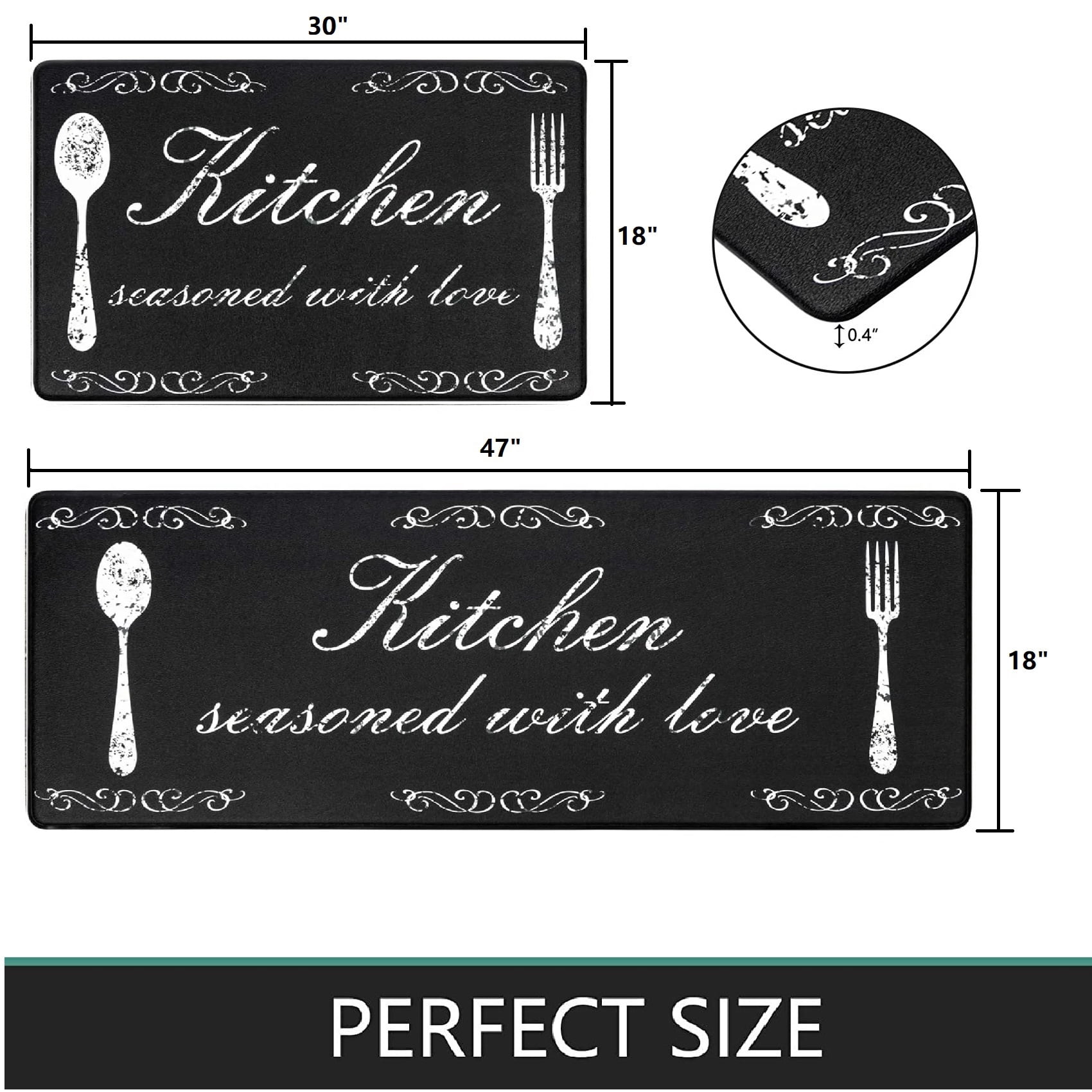 Findosom 2pcs Anti-Fatigue Kitchen Rugs Set Non Slip Waterproof Kitchen Runner Rug and Mat 0.4" Thickness Comfort Standing Mat for Kitchen, Floor, Office, Sink, Laundry 18"x47"+18"x30" Black