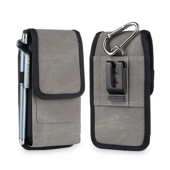Gray Rugged Vertical Nylon Case with Belt Loop, RFID Card Holder and Carabiner is Compatible with Lively Jitterbug Smart 4, Smart3 SmartPhone