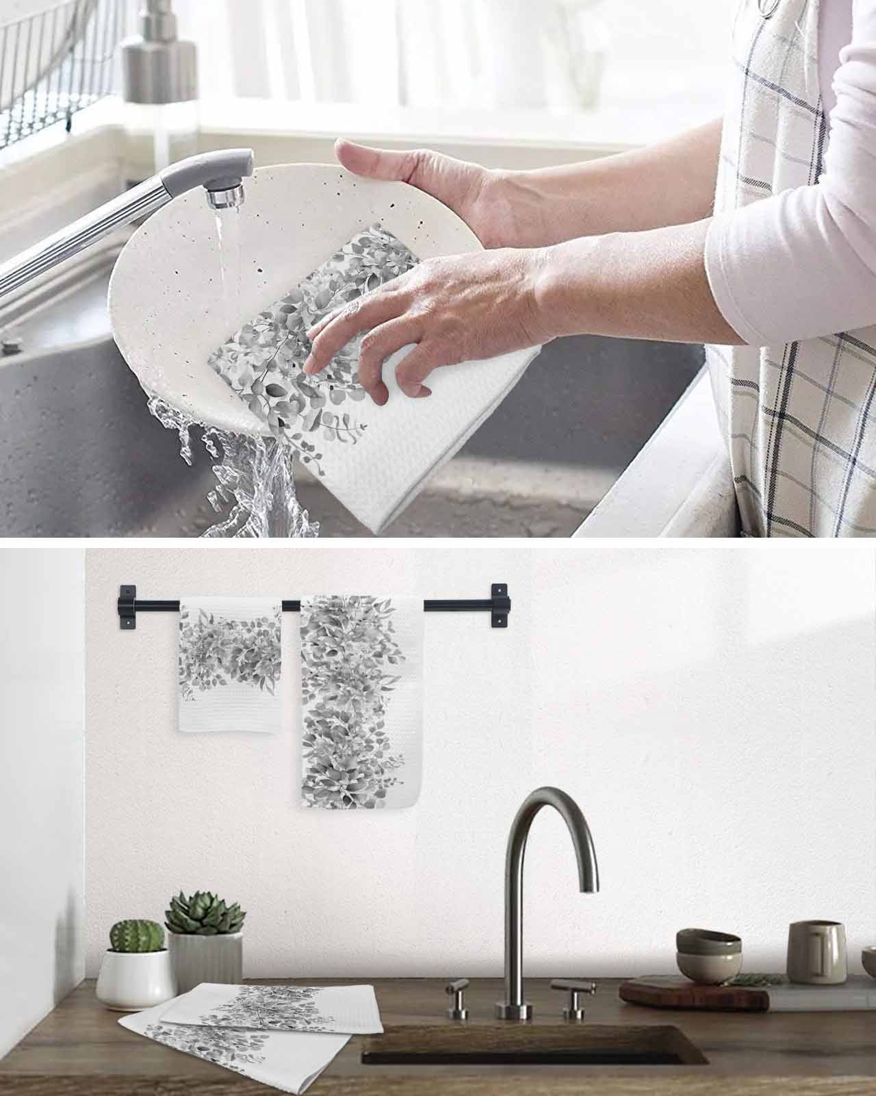 Black Grey Eucalyptus Leaves Hand Towels Set,Waffle Weave Kitchen Towels 4Pcs,Spring Summer Botanical Floral Microfiber Hair Face Bath Tea Towel Absorbent Cleaning Dish Cloths 15.7"x23.6"