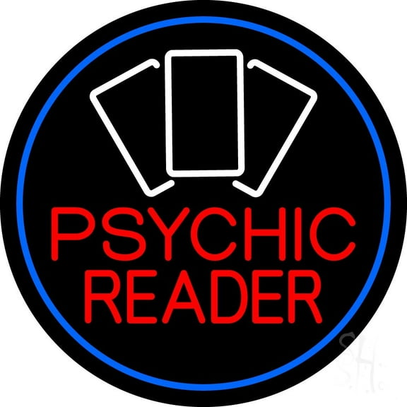Red Psychic Reader White Cards And Blue Border LED Neon Sign 18 X 18 - inches Black Square Cut Acrylic Backing, with Dimmer - Bright and Premium built indoor LED Neon Sign for Storefront.