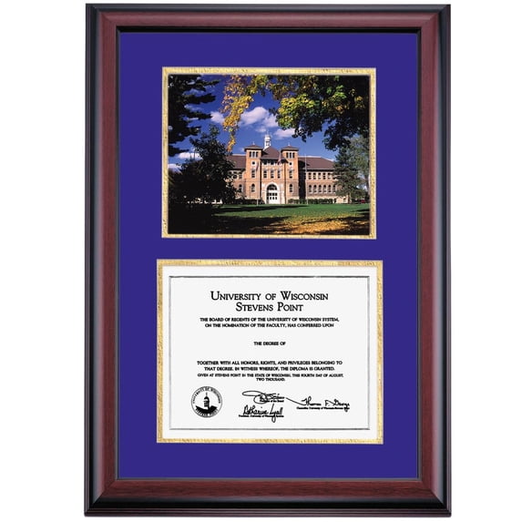 OCM Diploma Frame for University of Wisconsin-Stevens Point, Purple/Gold Mat with Old Main Photograph, 24" x 17"