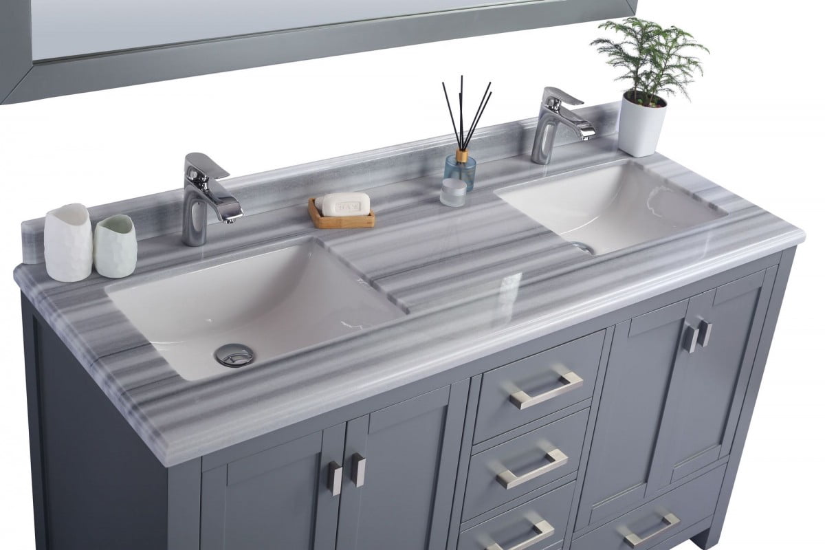 60 - Inch Single Sink Bathroom Vanity Cabinet With White Stripe Countertop - Laviva
