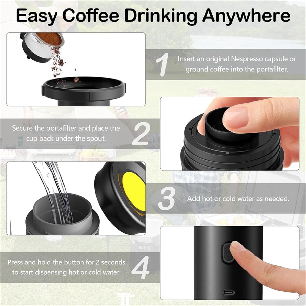 Wireless Electric Portable Espresso Coffee Machine Camping Coffee Maker Capsule Powder Travel Coffee Maker White,1 * portable coffee maker 1 * usb cable 1 * spoon,White