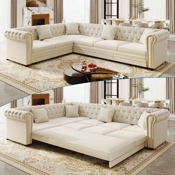 Timbernest 115.3" Sectional Sleeper Sofa with Pull Out Bed, L Shape Couch for Living Room, Button Tufted and Gold Trim Rolled Arms, Velvet Beige