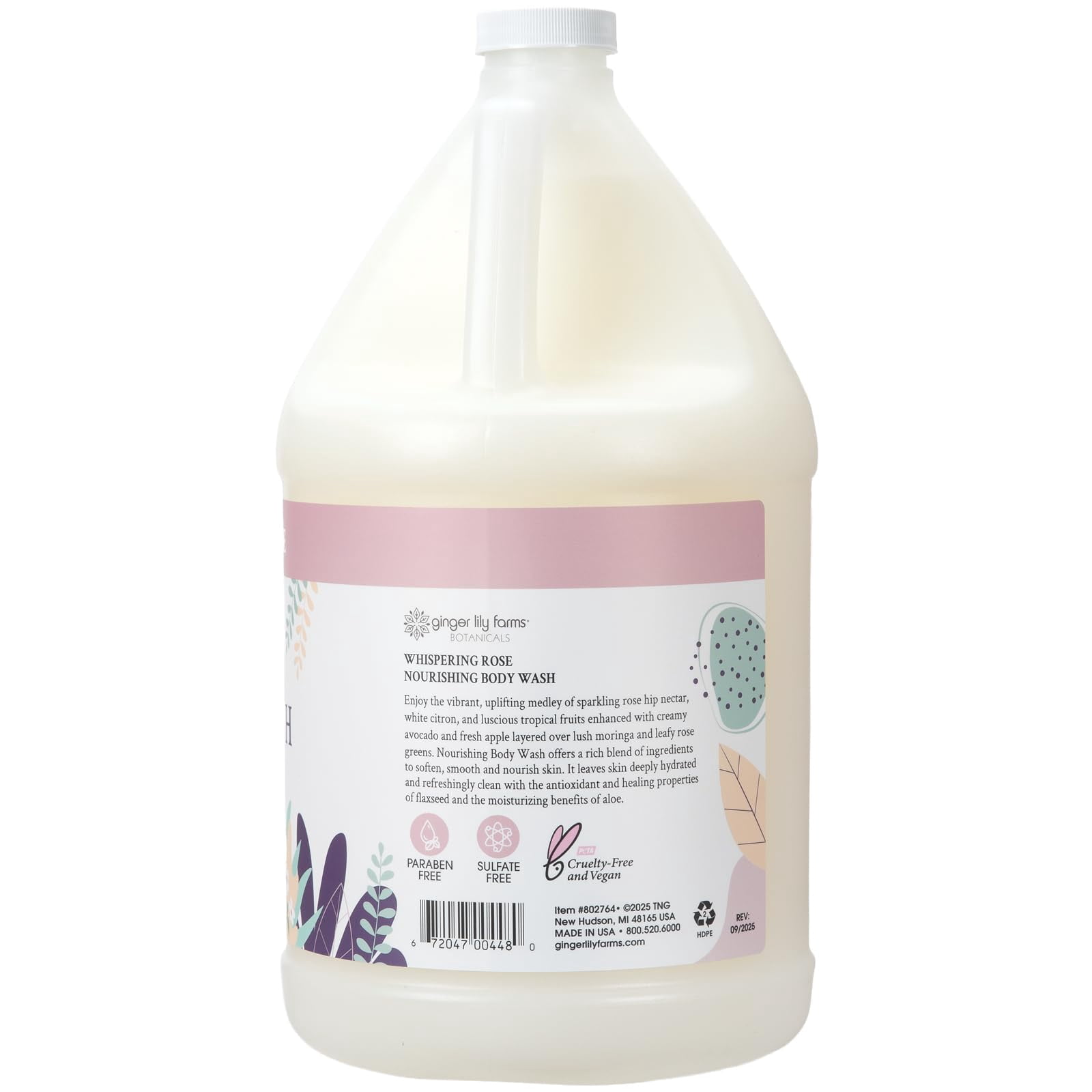Ginger Lily Farms Botanicals Nourishing Body Wash, 100% Vegan & Cruelty-Free, Whispering Rose Scent, 1 Gallon (128 fl oz) Refill