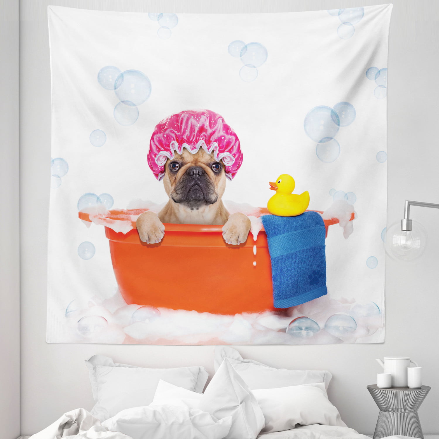 Dog Lover Tapestry, French Bulldog Having a Bath in Tub Rubber Duck Theme  on Bubbles Background, Fabric Wall Hanging Decor for Bedroom Living Room  Dorm, Sizes, Multicolor, by Ambesonne