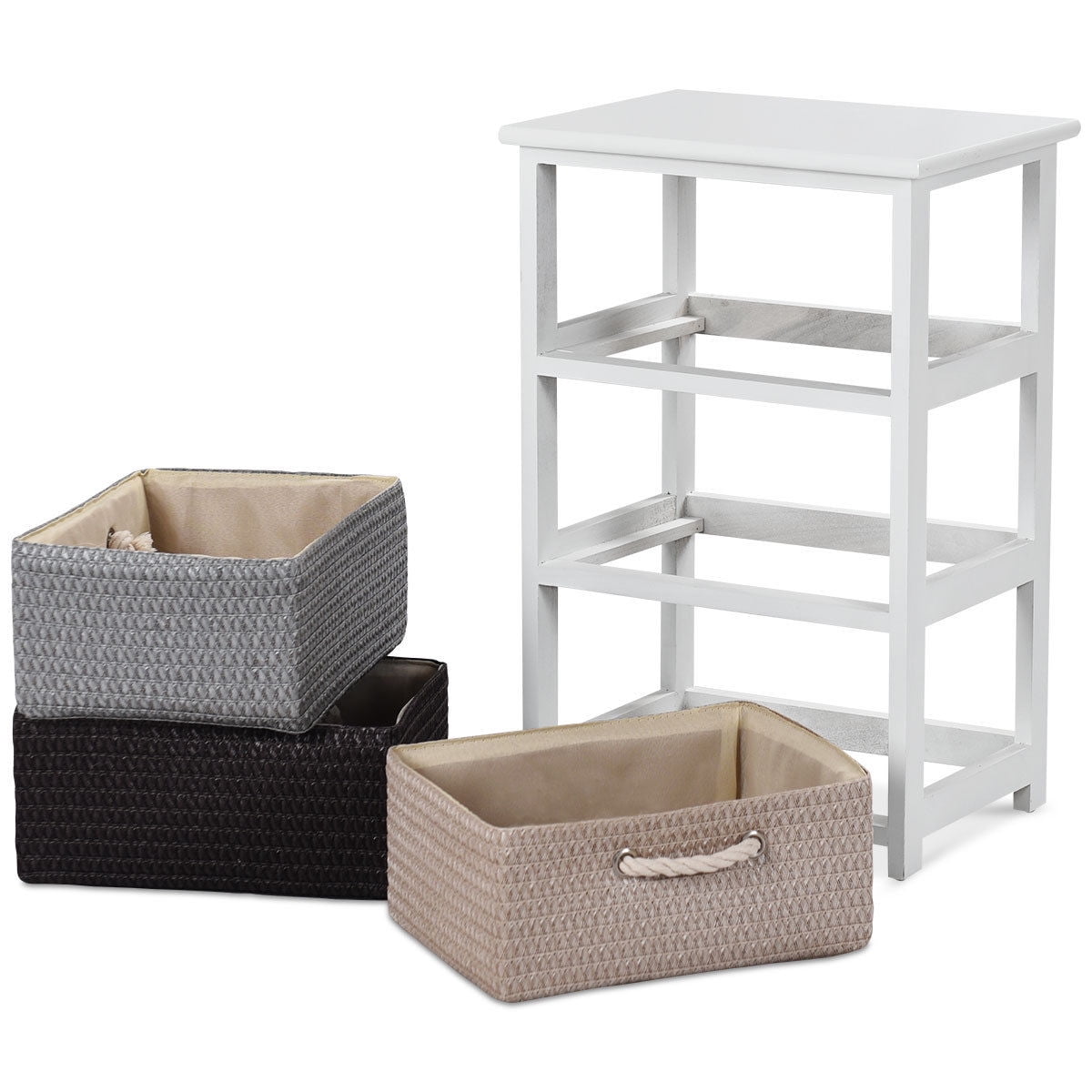 Gymax Wooden Nightstands 3 Weaving Baskets Chest Table Storage