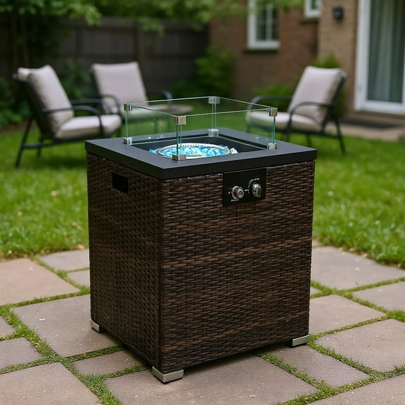 Resenkos Wicker Fire Pit Column with Glass Wind Guard，Premium Wicker Design, Safe to Use, Steel   PE Rattan   Glass, Brown
