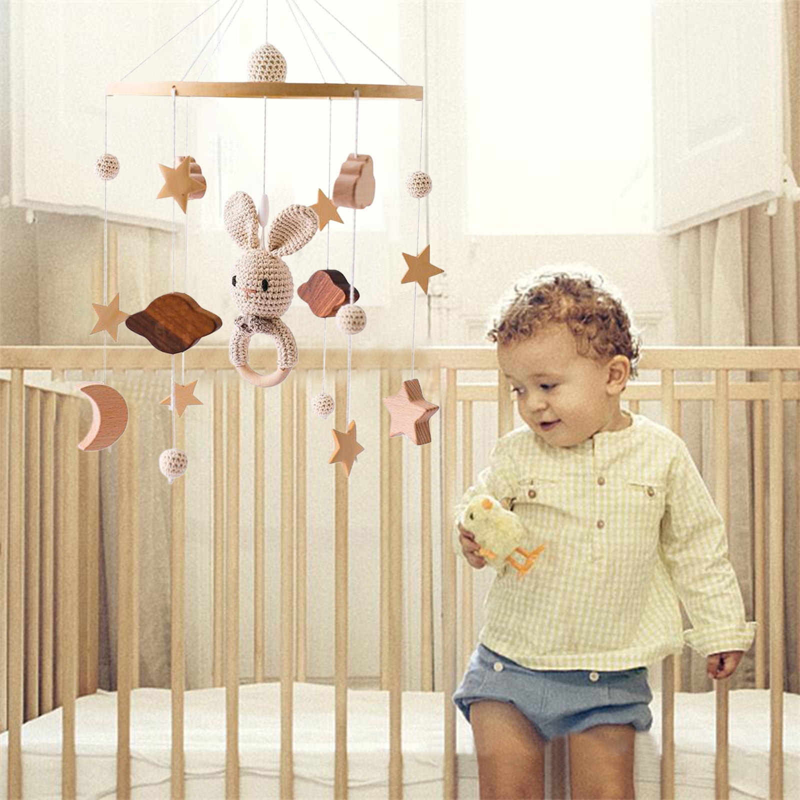 Baby Crib Mobile Wooden Hanging Baby Bed Cute Rabbit Animals Wood Crocheted Mobile Toys for Bedroom Nursery