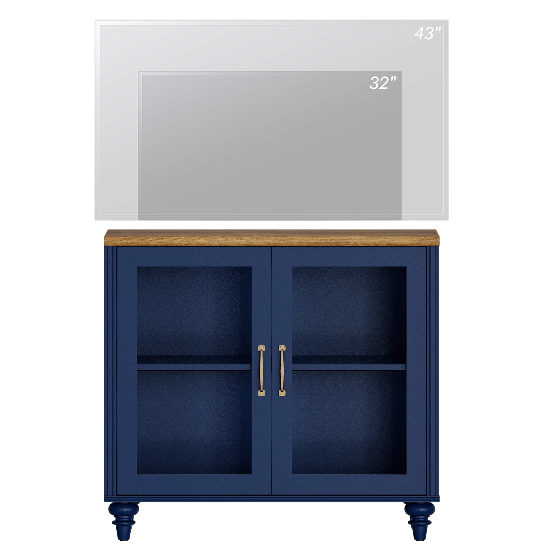Navy Blue TV Stand for 43 Inch TV, Kitchen Buffet Sideboard with Glass Doors for Dining Room