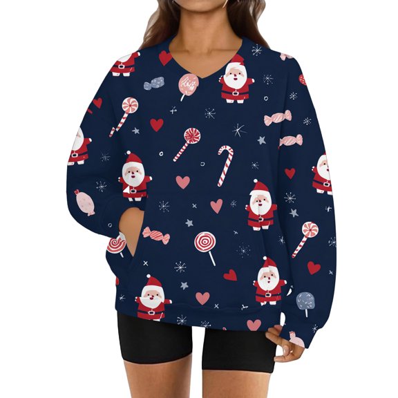 Women's Fashionable Christmas Print Long-Sleeved V-Neck Sweatshirt for Casual Wear and Holiday Season Comfort,Dark Blue,M
