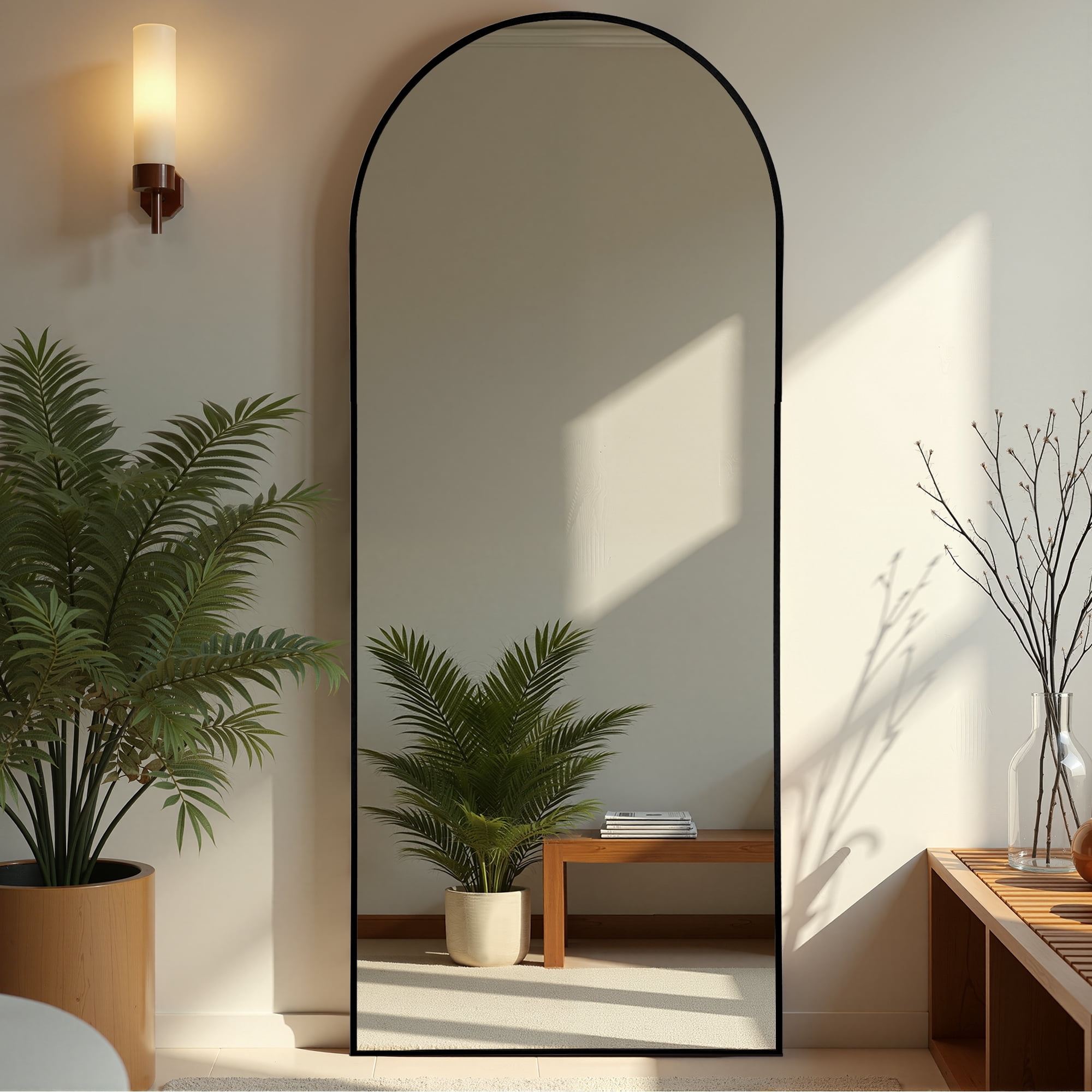 MAYEERTY 71*32*0.6in Full Body Mirror for Bedroom, Aluminum Frame, Right-Angle Arch with Stand, Black