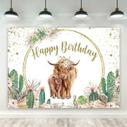Highland Cow Birthday Backdrop Cactus Pampas Polyester Golden Dots Boho Bohemian Floral Plant Photography Background for Kids Girls Table Decor Banner Studio Photo Shoot