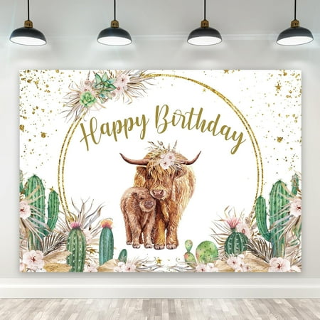 Highland Cow Birthday Backdrop Cactus Pampas Polyester Golden Dots Boho Bohemian Floral Plant Photography Background for Kids Girls Table Decor Banner Studio Photo Shoot