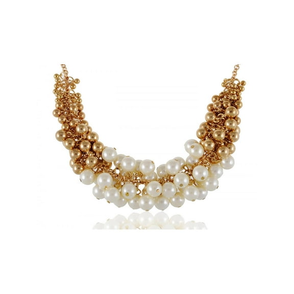 Golden Tone Faux Pearl Beads and Baubles Fashion Statement Necklace