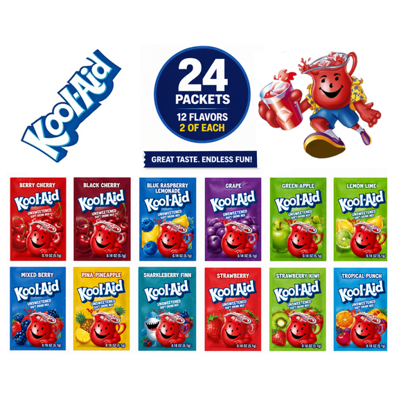 Kool-Aid Unsweetened Powdered Soft Drink Mix Variety Pack, 24 Count, 12 Flavors, 2 of Each