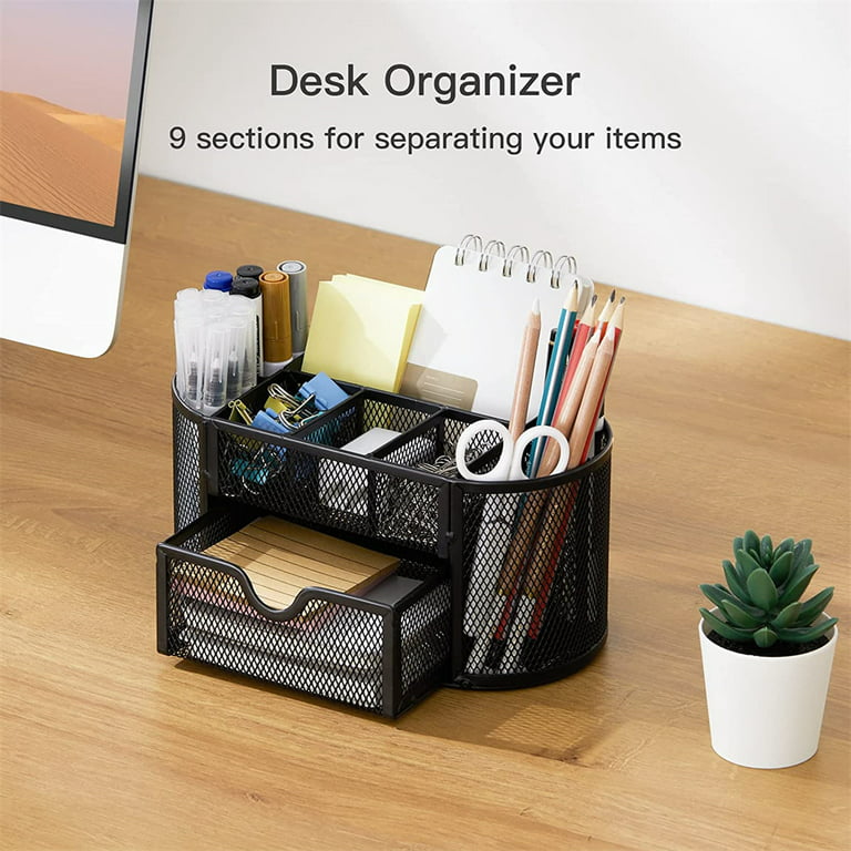 Mesh Desk Organizer Office Desktop Organizer With Drawer, Metal Stationary  Organizer Desk Caddy Pen Holder, 8 Compartments, Black