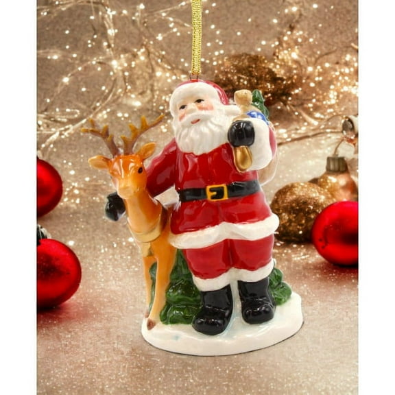 Ceramic Christmas Santa Reindeer Ornament 2.625x2.375x4