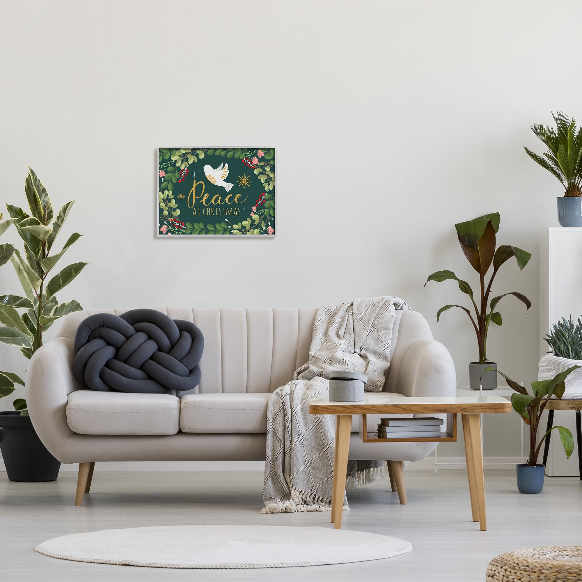 Stupell Industries Peace at Christmas Phrase White Dove Holiday Holly Botanical & Floral Painting Gray Framed Art Print Wall Art, 16 x 20