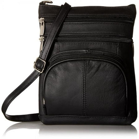 Roma Leathers Genuine Leather Multi-Pocket Crossbody Purse Bag (Black)