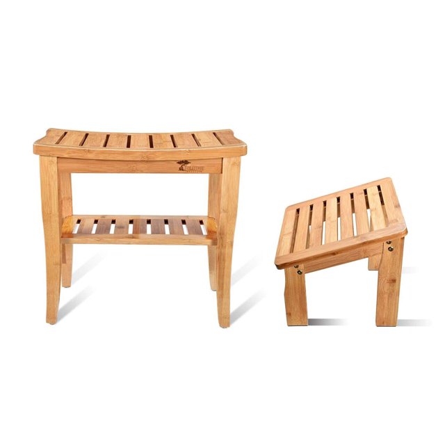 ToiletTree Products Bamboo Shower Seat Bench with Storage Shelf & Footstool