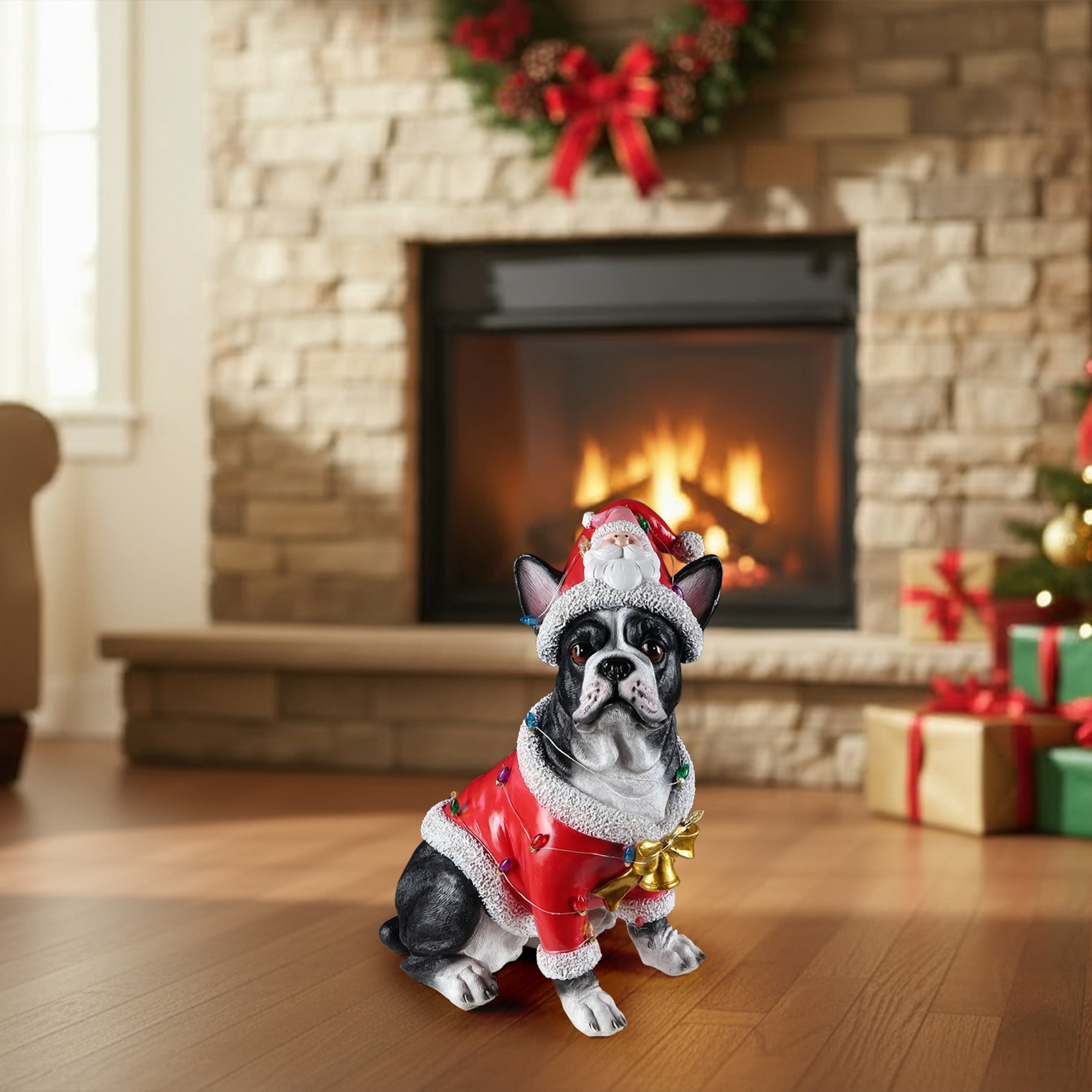 Noble House Christmas French Bulldog Statue, Cheerful Holiday Dog Figurine in Santa Outfit, Black Fur & Red Shirt