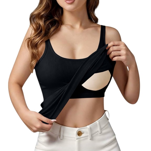 QASIEATN Womens Tank Tops with Built in Bra Summer Padded Yoga Shirt Solid Color Workout Camisole Casual Undershirt