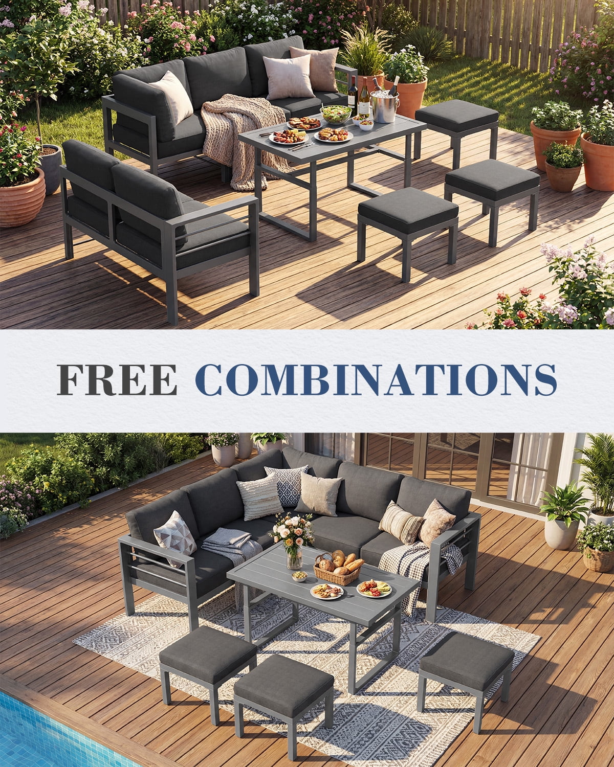 AECOJOY Outdoor Furniture Sets Clearance, Aluminum Patio Furniture Sets on sale, Metal Patio Sets, Outdoor Conversation Sets, Outdoor Sectional Sofa for Lawn, Dark Grey