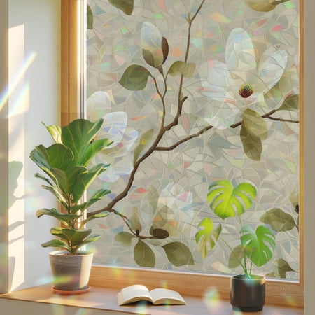 Vintage Floral Window Privacy Film, Magnolia Flowers Branches Rustic Botanical Beige Stained Glass Rainbow Film Decorative Window Clings, Static Cling Sun Blocking Stickers 23.6" x 59"