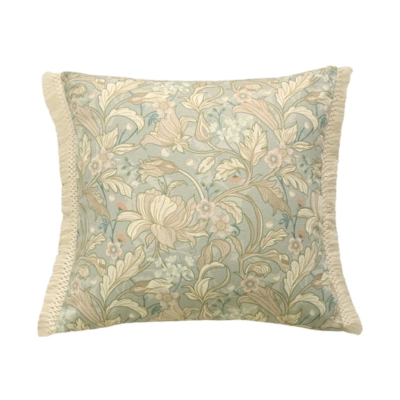Homellea Boho Floral Throw Pillow Cover, 17.7 Inch Sage Green Botanical Decorative Cushion Case with Fringe Trim for Couch, Sofa, Bed, Chair, Living Room and Bedroom Farmhouse Decor