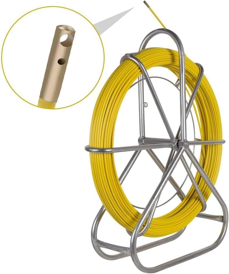 Fish Tape Fiberglass 6MM 656FT,Duct Rodder Fish Tape Puller Fiberglass Wire Cable Running with Cage and Wheel Stand,Durable Steel Reel Stand,Fish Tape Min Bending Radius 13 inch/330 mm (6mm 656Ft)