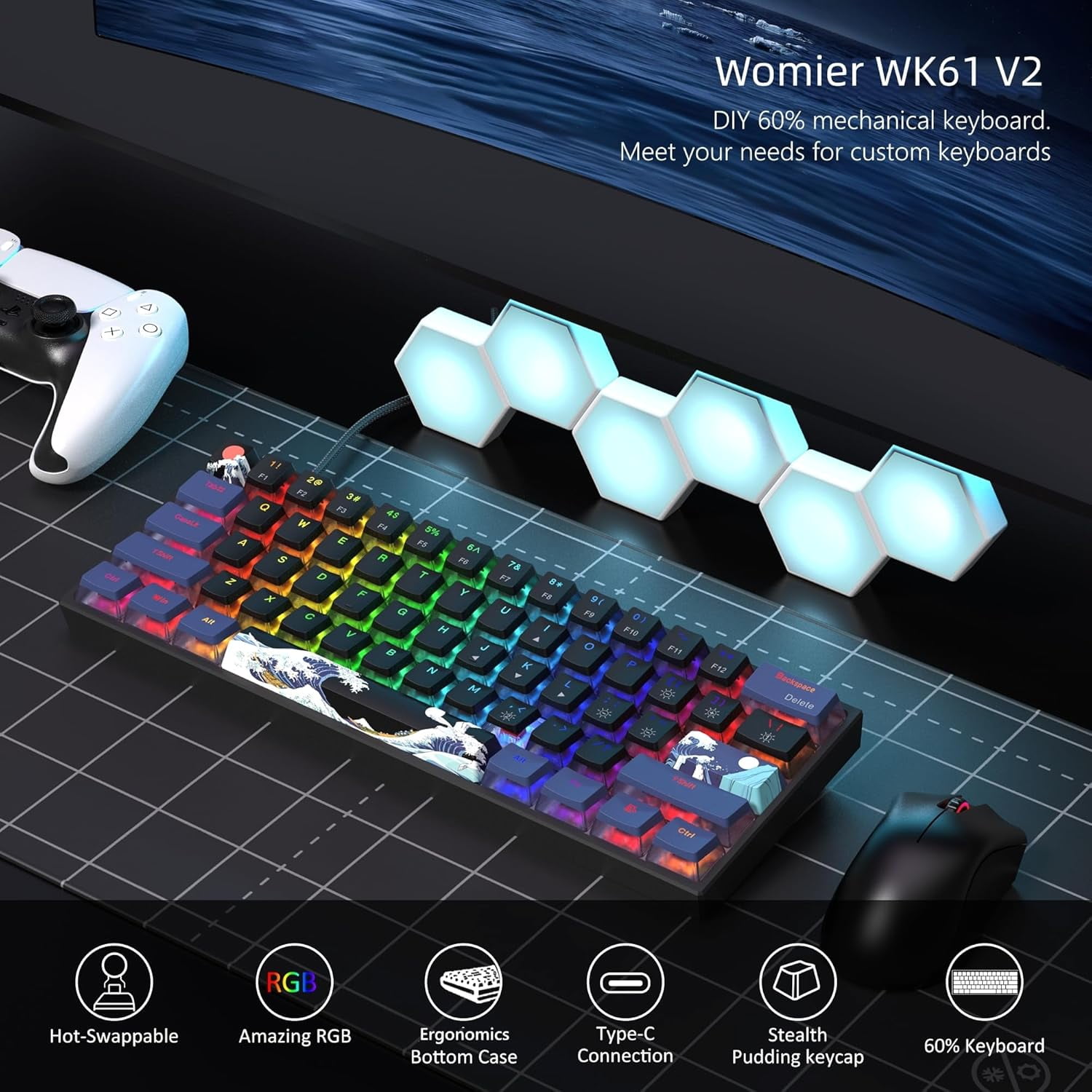 WK61 Wired Gaming Keyboard, 60% Percent RGB Backlit Mechanical Keyboard Gasket Mount with PBT Keycaps, Compact 61 Keys Hot Swappable Cream Switch, for Windows Laptop PC Mac, Black