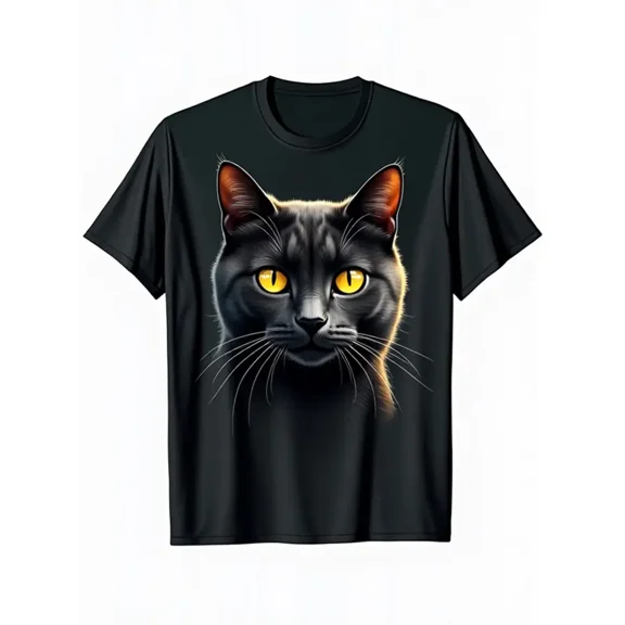 Men's Lifelike Black Cat Face Graphic T-Shirt - Realistic Tabby Cat Design with Yellow Eyes & Whiskers, Soft Breathable Short Sleeve Round Neck Tee for All-Season Casual Wear