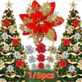 thumbnail image 2 of 5 piezas de flores navideñas con purpurina artificial, Poinsettia, decoración para árbol de Navidad artificial para decoración de fiestas en el hogar, adorno de Año Nuevo 2025, 2 of 5