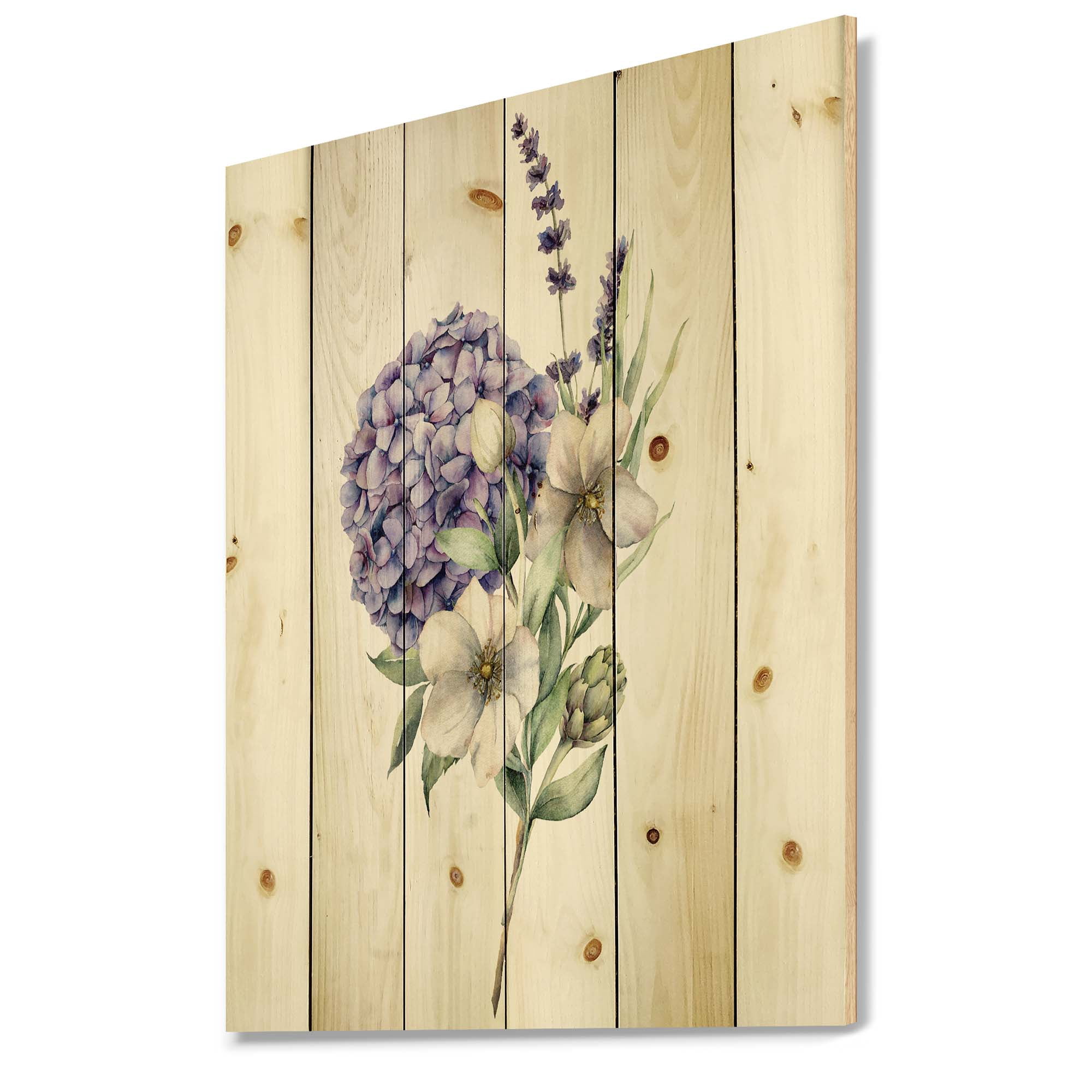 Designart 'Bouquet Of Lavender Anemone Artichoke & Hydrangea ' Traditional Print on Natural Pine Wood