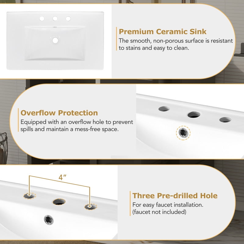 Bellemave 30" Bathroom Vanity with Sink, Cabinet with Sink Combo Set with Top, Bathroom Storage Cabinet with 3 Drawers and 1 Soft Closing Door, 30 Inch Vanity with Sink for Bathroom（Black）