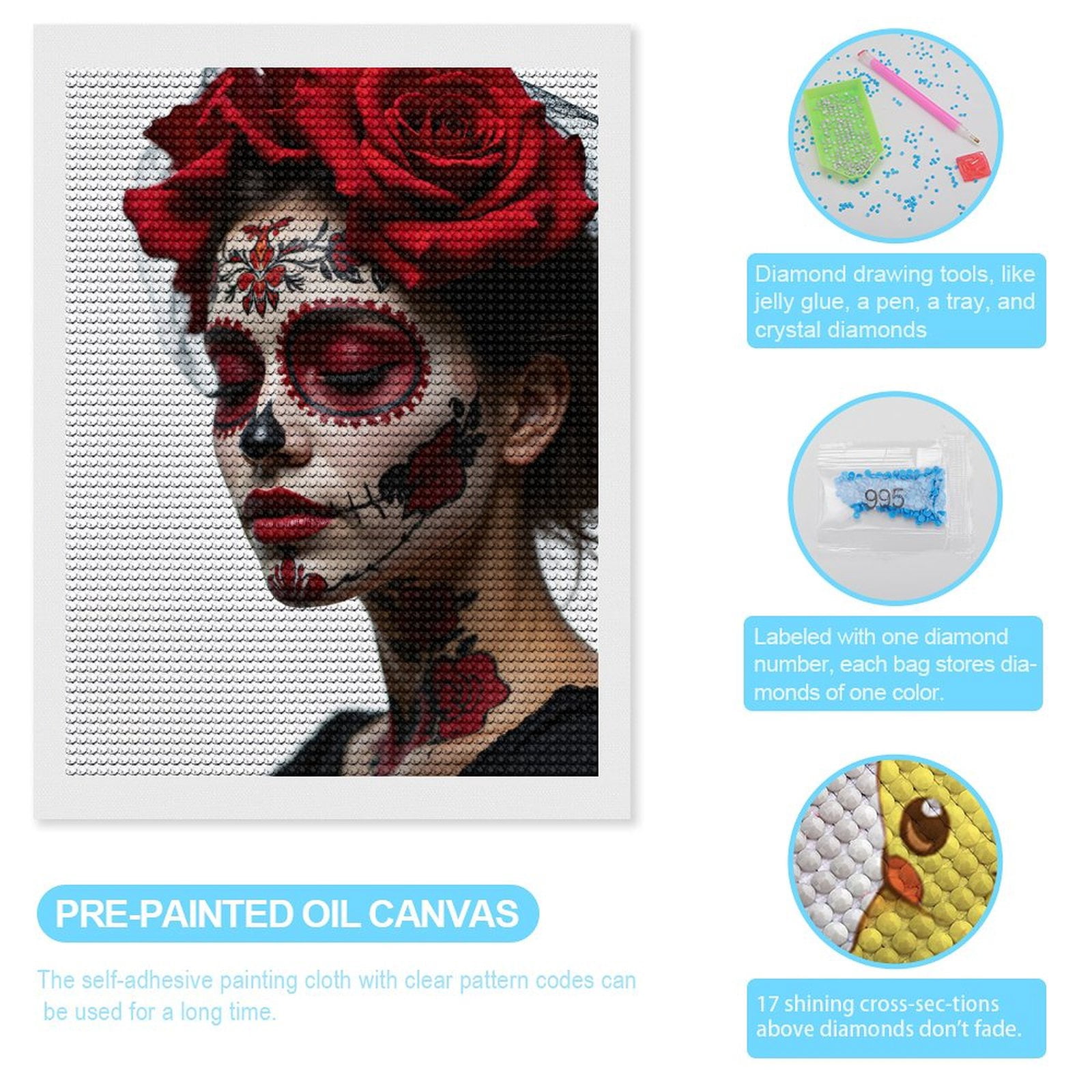 Diamond Art Kits for Adults, Painted Red Roses Skull Face 5D Diamond Painting Kits for Adults Beginners, DIY Full Drill Diamond Painting, Gem Art and Crafts 12x16