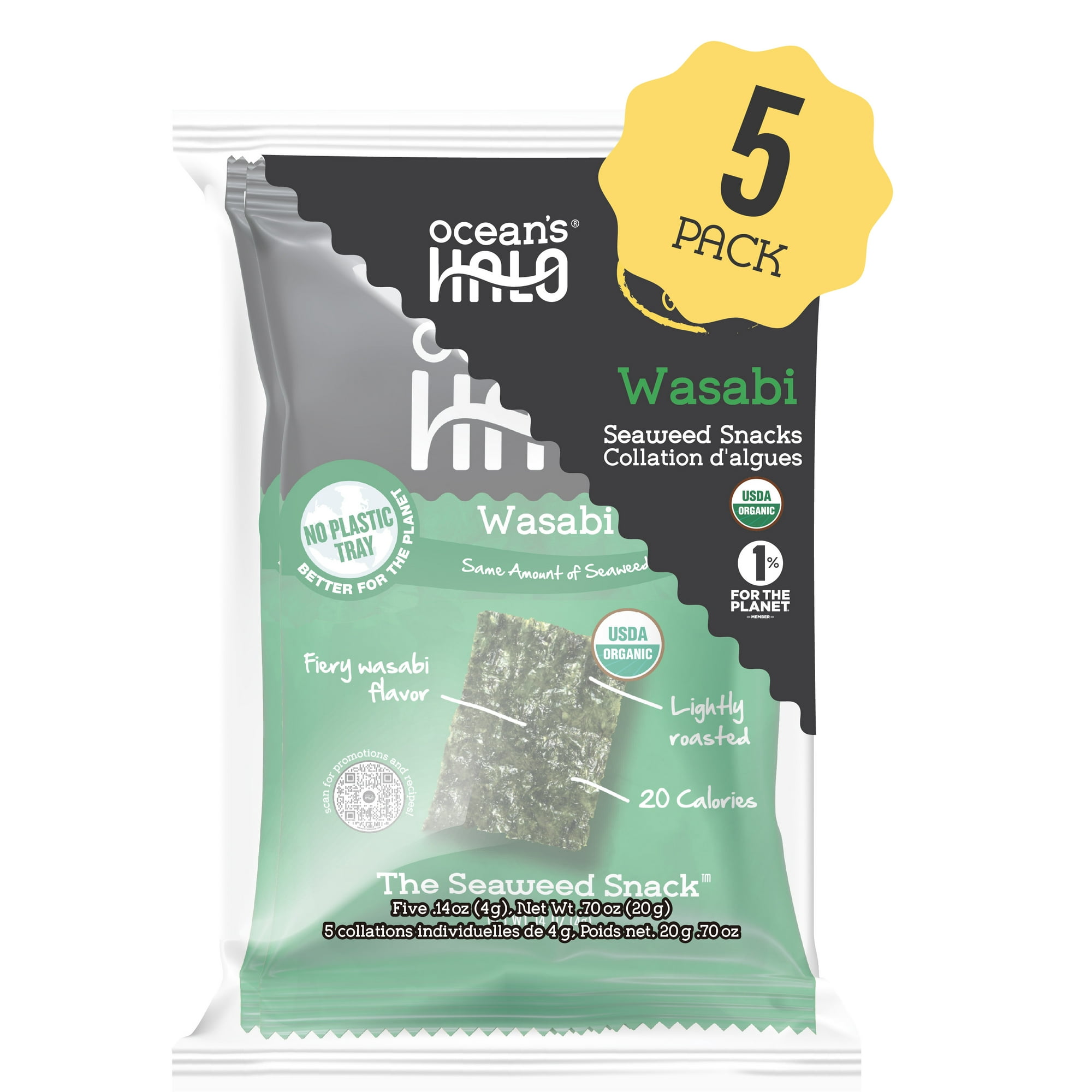 Ocean's Halo Organic 5-pack Wasabi Seaweed Snack, Trayless Crispy