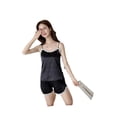 thumbnail image 3 of Pijama de verano para mujer, de encaje fino, sexy, con pantalones cortos, con tirantes, de encaje, de seda helada, 3 of 4