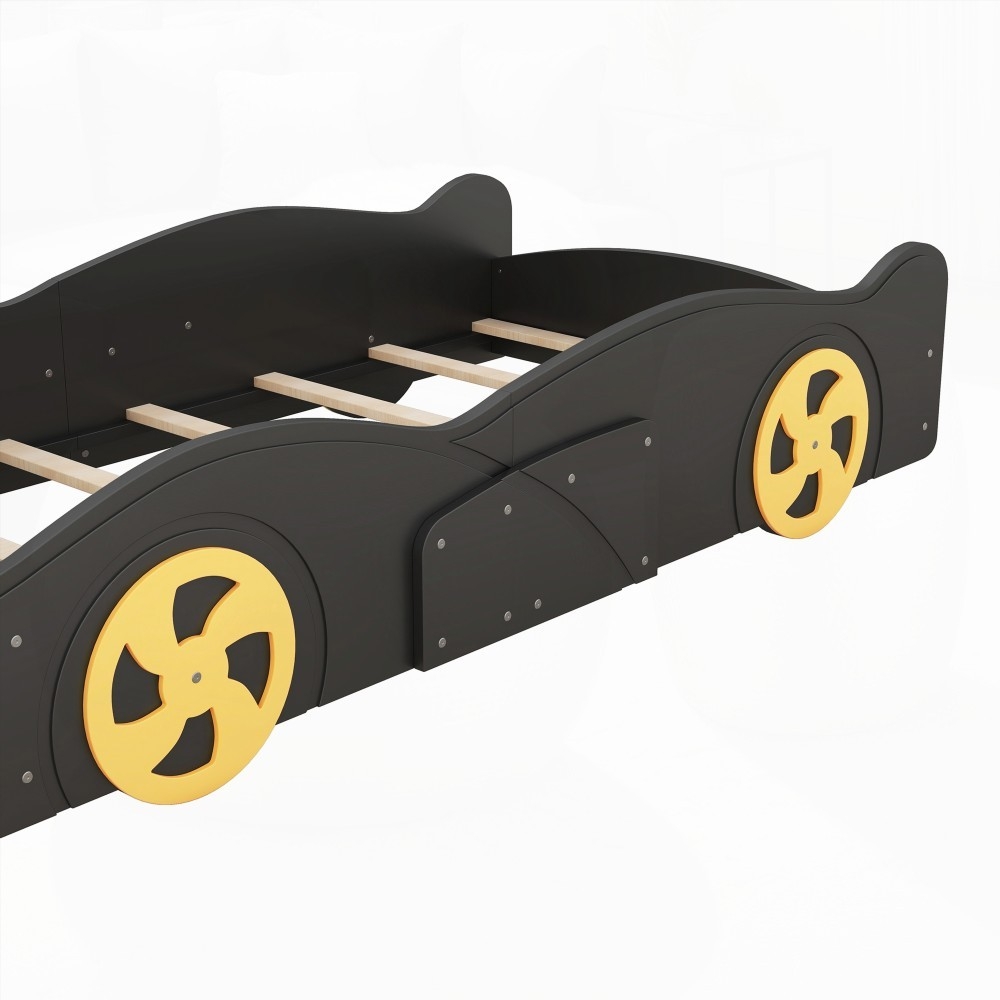 Black+Yellow Twin Size Race Car-Shaped Platform Bed Having Wheels & Storage